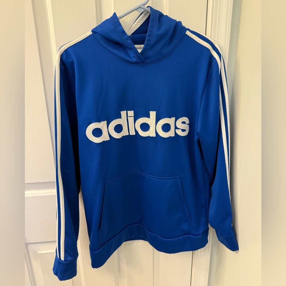 Adidas blue classic 3 stripe logo hoodie size 18/20